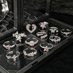 Minimalist silver open rings with pink butterfly and heart crystals for women