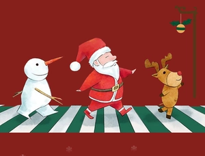Detail of Christmas pillow cover with embroidered snowman and Santa on red linen fabric