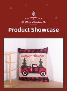 Detail of Santa truck embroidery on linen pillowcase with red buffalo plaid edges
