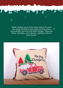 Detail of Christmas pillow cover featuring gnomes, vintage truck, and red plaid piping edge