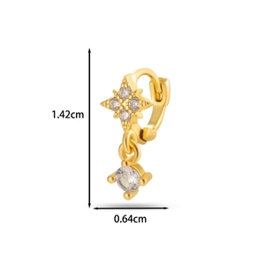 Detail showing dimensions of 1.42cm gold hoop earring with star and zircon pendant