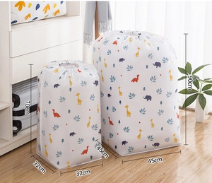 Detailed view of drawstring storage bags in two sizes with cute animal prints