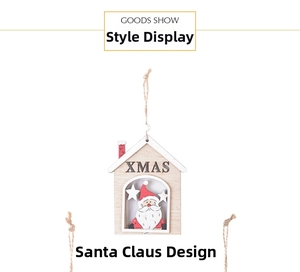 Detail of wooden Santa style XMAS house ornament with reindeer cutout and hemp rope