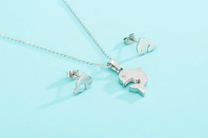 Polished silver dolphin necklace and stud earrings set displayed on a light blue surface