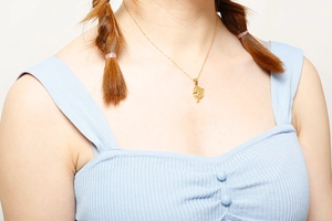 Golden dolphin pendant necklace with small crystal eye shown on a model neck