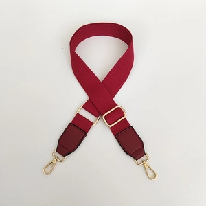 Close-up of deep red canvas shoulder strap with golden metal buckles and leather ends