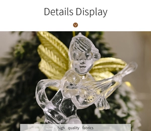 Detail view of transparent Christmas angel ornament with golden wings on tree