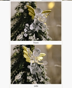 Detailed front and side views of transparent Christmas angel ornament with gold wings