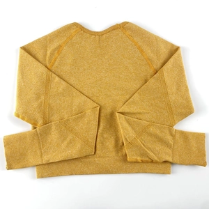 Dettaglio del crop top yoga senza cuciture zenzero con orlo a costine e trama melange