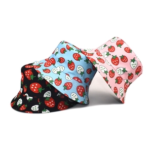 Fashionable strawberry pattern bucket hats in black, sky blue and pink colors