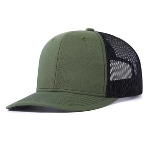 Army green and black mesh baseball cap shown from a 45-degree angle on white background