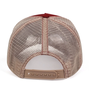 Adjustable red and khaki mesh trucker hat with snapback closure and breathable back