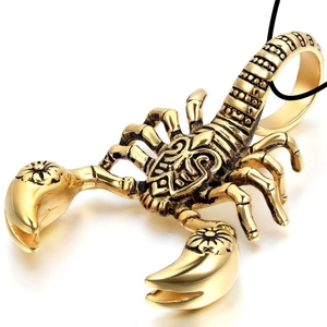 Retro mens exaggerated golden scorpion pendant necklace with 3D metallic texture on white