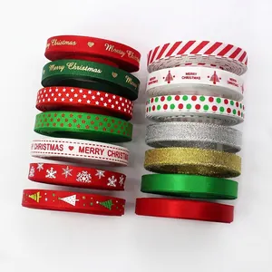 10mm Christmas ribbons set featuring Merry Christmas text, snowflakes, and festive patterns