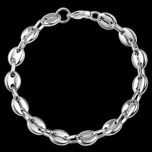 Detailed close-up of silver mariner link bracelet with polished stainless steel finish