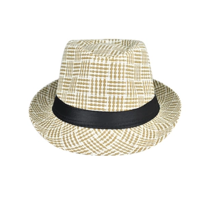 Detailed weave of beige and white checkered linen fedora with black ribbon band
