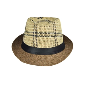 Close-up of beige and brown woven fedora hat with black ribbon and checkered detail