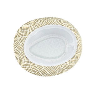 Detail view of woven linen fedora with internal sweatband and quality stitching