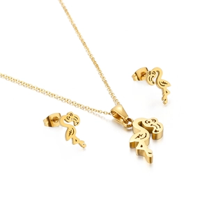 Golden stainless steel flamingo jewelry set with necklace and stud earrings on white background