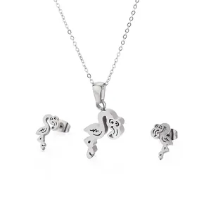 Polished stainless steel flamingo jewelry set with hollow necklace and stud earrings