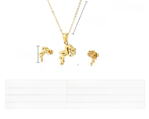 Detail view of gold flamingo stainless steel necklace and earrings set with measurements