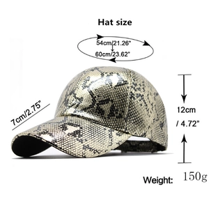 Adjustable faux leather baseball cap with snakeskin pattern and dimensions