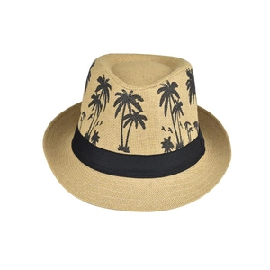 Detailed view of woven straw fedora featuring a decorative black band with palm tree prints