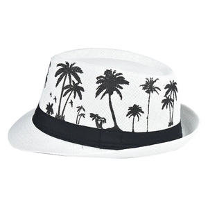 Close-up of white summer fedora featuring black coconut tree prints and woven texture