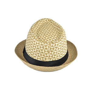 Detail of linen fedora hat featuring two-tone geometric weave and black satin ribbon band