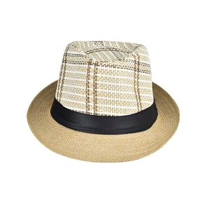 Linen Fedora straw hat with two-tone weave and black band for outdoor sun protection