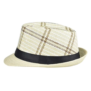 Detail of checkered linen weave and black satin band on a men's jazz fedora hat