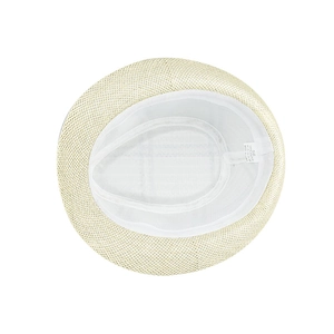 Detail of internal linen straw hat showing the 100% paper fiber label and sweatband