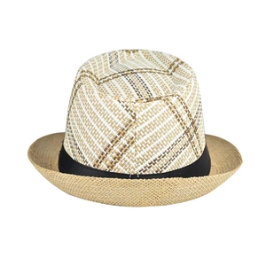 Plaid weave linen fedora hat for men with black ribbon band and decorative brim