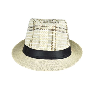 Detail of light beige straw fedora with brown plaid crown and black ribbon trim