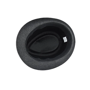 Internal view showing black woven paper sun hat with size 58 label and sweatband