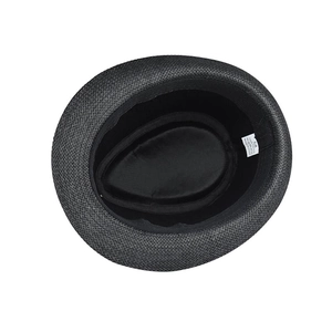 Detail view of the black paper fiber fedora interior with sweatband and size 58 label