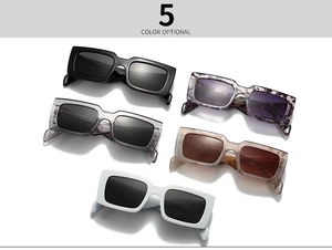Close-up of square sunglasses showing five color options in black, tortoiseshell and white