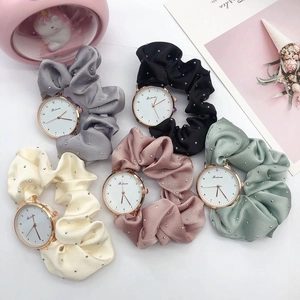 Women Fashion Scrunchie Watch Alloy Round Dial Quartz Elastic Satin Fabric Ribbon Strap With Rhinestones Elegant Creative