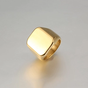 Polished gold square signet ring for men in minimalist titanium steel, 45-degree angle view