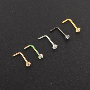 L-shaped surgical steel nose studs with round cubic zirconia in five assorted colors