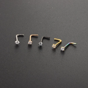 Five assorted colors of L-shaped surgical steel nose studs with round cubic zirconia