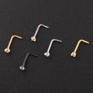 L-shaped surgical steel nose studs with round cubic zirconia in five plating colors