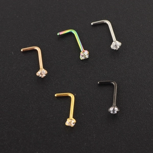 L-shaped surgical steel nose stud set with round zircon stones in 5 assorted colors