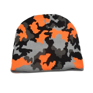 Women's warm winter camouflage knit beanie in black, gray, and orange outdoor style