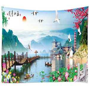 Tapisserie de paysage chinois classique avec montagnes, grues et lotus en vue panoramique