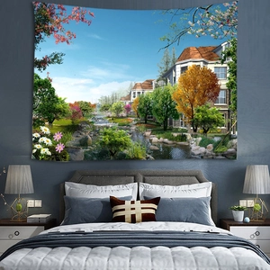 Tapisserie de paysage de jardin suspendue au mur d'une chambre moderne décorée