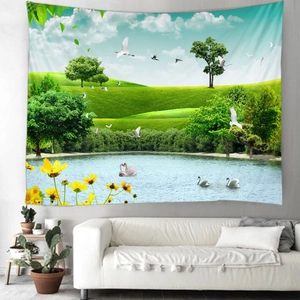 Detail of wall tapestry showing scenic lake with swans and yellow flowers in living room