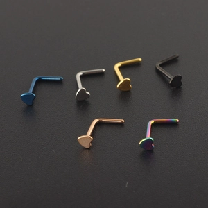 L-shaped heart nose stud set in six colors including gold silver and rainbow