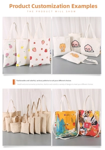 Detail showing various canvas tote bags with fruit, cartoon, and artistic floral prints