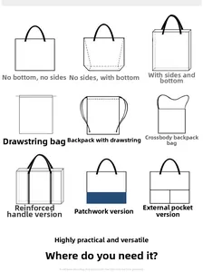 Detailed technical diagram showing nine custom styles of canvas tote and shopping bags